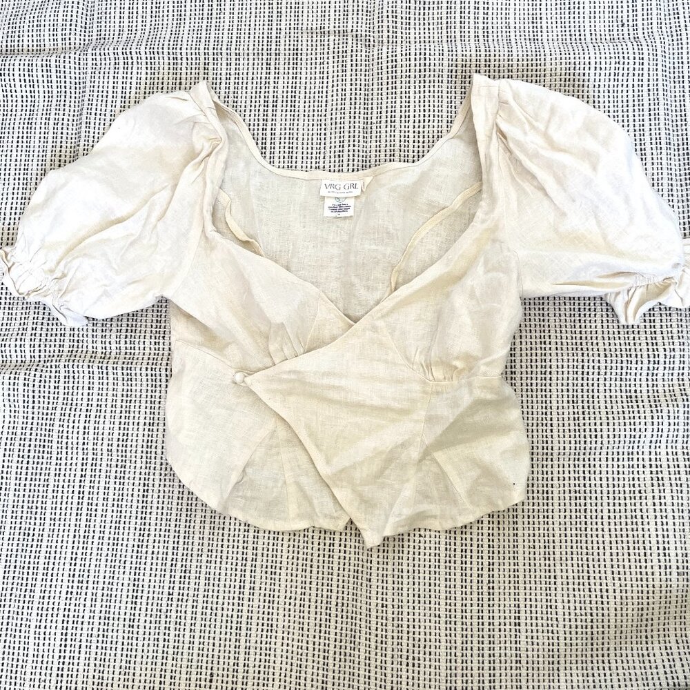 100% Linen VRG GRL puff sleeve wrap crop top